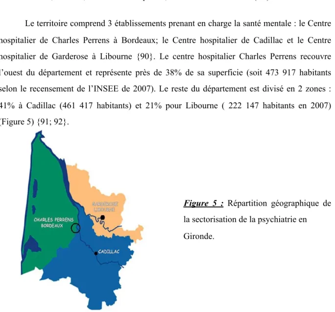 Figure  5  :  Répartition  géographique  de  la sectorisation de la psychiatrie en   Gironde