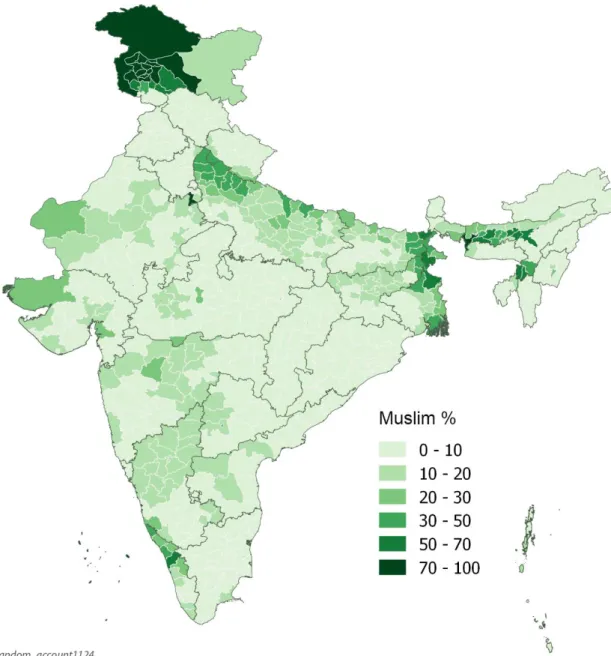 figure 2 : Carte de la répartition de la population musulmane en Inde, par district, à partir des  données du recensement de 2011 (source : https://i.imgur.com/NU8uZfA.png)