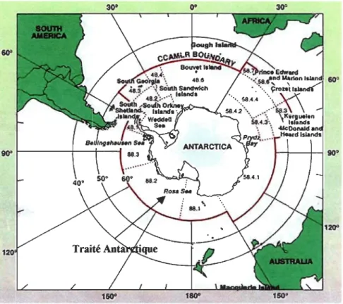 Figure  1.4.  Vue du  continent antarctique montrant la position des masses continentales les  plus  proches  et les  limites  selon  le  Traité Antarctique,  CCAMLR et le  SCAR