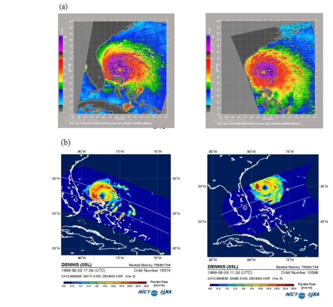 Fig. 7. Hurricane Dennis (1999) wind and rain fields: (a) Surface wind speed distribution obtained from QuikScat on  348 