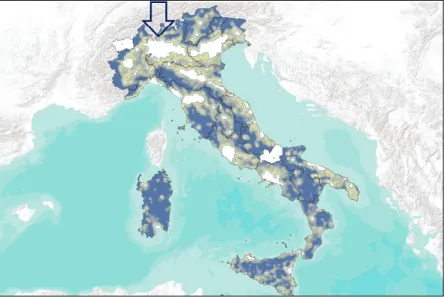 Figure 2 – Les couleurs claires indiquent les huit aires métropolitaines  italiennes. La flèche signale la zone intéressée par l’enquête, à savoir le 