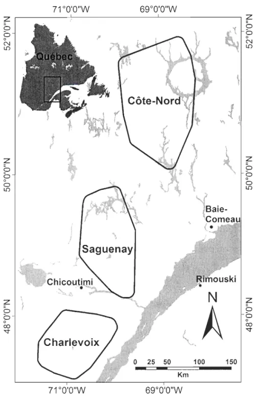 Figure  L  Delineation of  the three study sites in the boreal forest of Québec, Canada: 