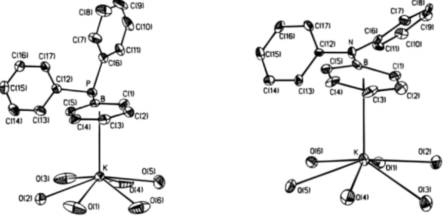 Figure 3-3.  Crystal structure comparisons of DPB  (Left) and DAB  (Right) exhibit  the  differing  geometry  around the respective phosphorus and nitrogen  centers [6] 