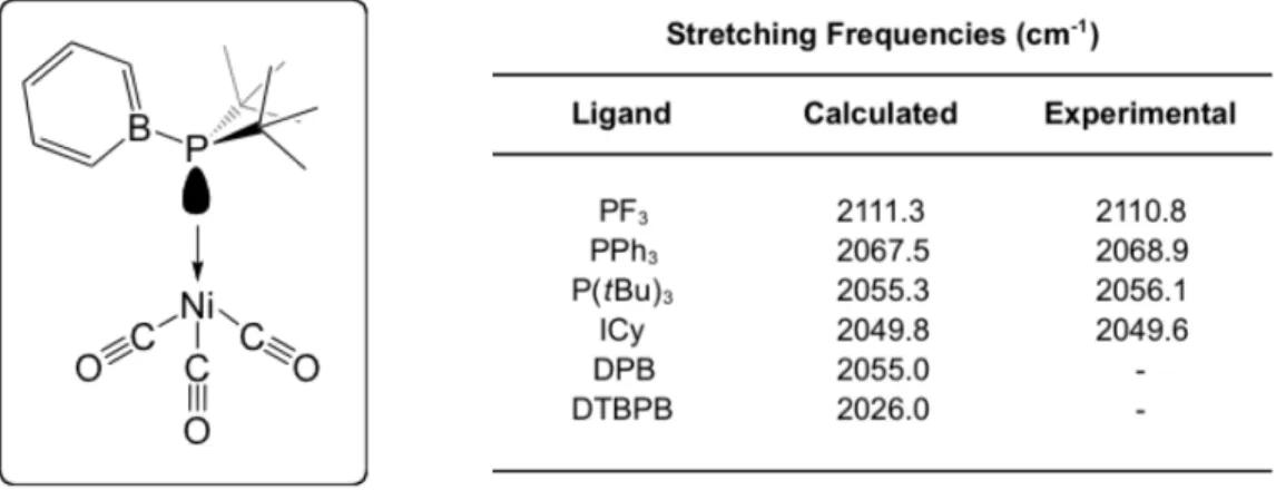 Figure 3-5. (Left) Mock of DTBPB  coordinated  to LNi(CO) 3  as structured  in  calculations    Table 3-2