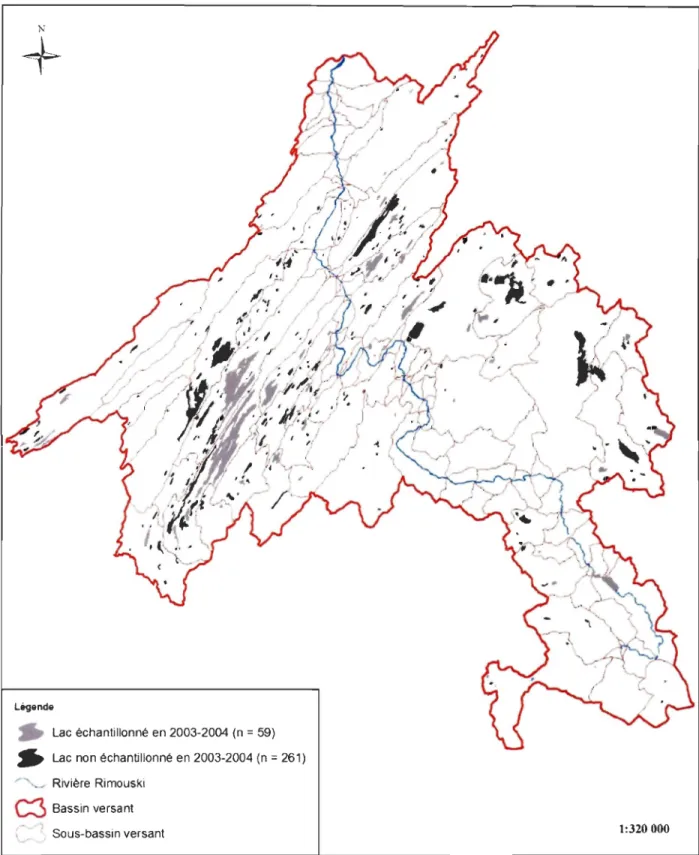 Figure  4  :  Répartition  des  59  lacs échantillonnés en  2003-2004  selon  la combinaison de  la méthode  par  choix  des  lacs  prioritaires  (phase  2)  et  la  méthode  par  l' échantillonnage  des  lacs  retenus pour compléter l'information (phase 3