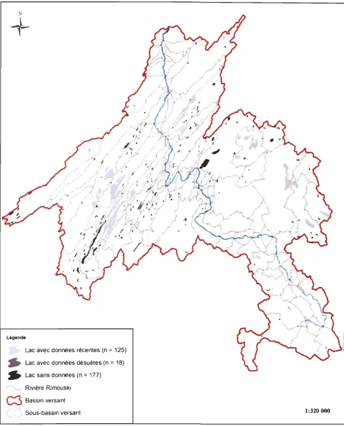 Figure  6  :  Répartition globale  de  l'ensemble des  lacs avec données regroupant  l' information obtenue  se lon  la  combinaison  de  la méthode par compilation des données historiques  (phase  1), de  la méthode par choix  des  lacs  prioritaires (pha