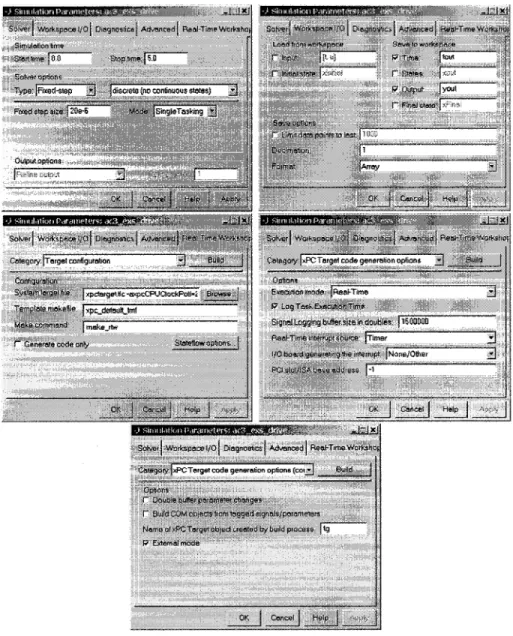 Figure 31  Fenêtres de configuration des paramètres d'xPC Target 