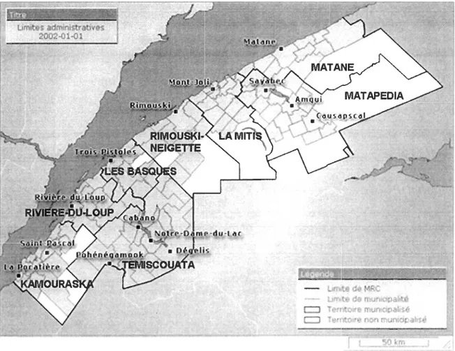 Figure  2:  Limites  administratives  et  MRC  de  la  région  du  Bas-Saint-Laurent  (Conférence Régionale des Elus du BSL, 2002) 