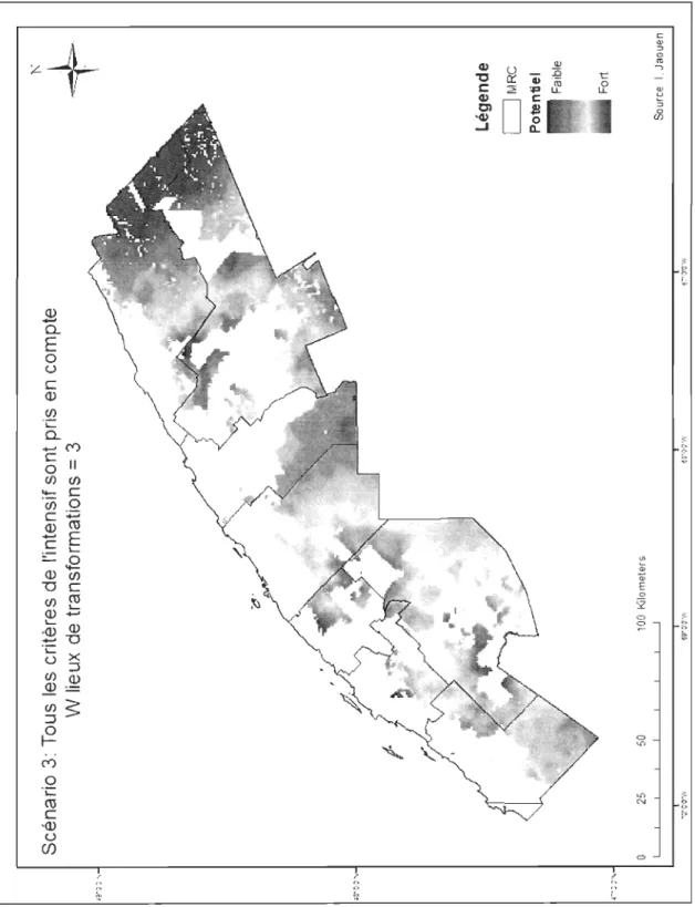 Figure 8 : Scénario 3 dans lequel tous  les  critères de l'intensif sont pris en compte et les  lieux de transformation sont prépondérants (W  lieux de transformation  =  3) 