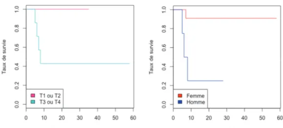 Figure 4 : « Série complète » : Survie sans événement des carcinomes épidermoïdes en  fonction de la classification de la tumeur sur T (gauche) et du sexe (droite)