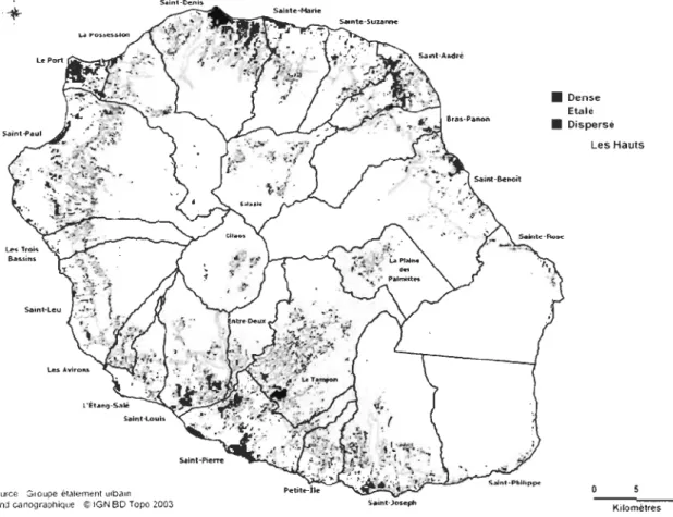 Figure 6 : Peuplement  à  la Réunion  Source: AGORAH, 2005.  •  Dense Etalé •  Dispersé  Les Hauts  Kilomètres  10 