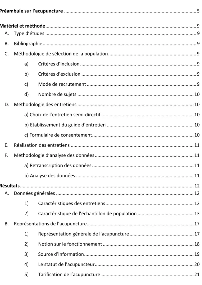 Table des matières  Introduction .............................................................................................................................. 3   Préambule sur l’acupuncture ................................................................