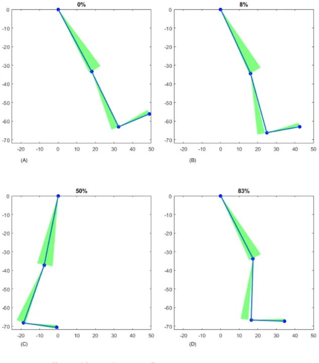 Figure 4 : Représentation schématique de la cinématique des membres inférieurs dans le plan sagittal  du  groupe  LCA-Reconstruits  (LCA-R)  et  du  groupe  contrôle,  lors  du  contact  initial  à  0%  du  cycle  de  marche (A), lors de la phase d’amortis