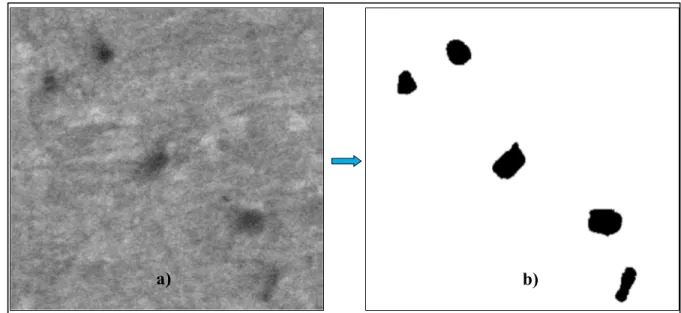 Figure 2.8  Exemple d’une opération de segmentation d’images : à gauche, a) correspond à  une image initiale obtenue avec un microscope électronique à balayage (MEB)