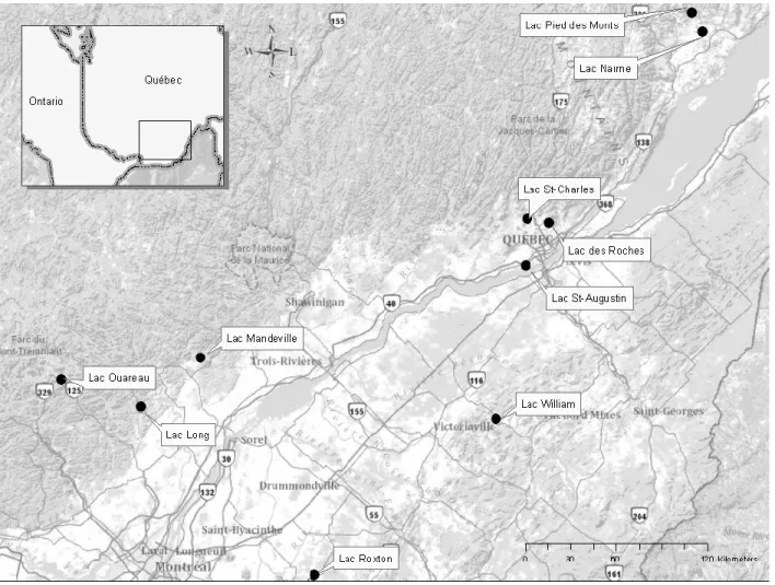 Figure 3.1 Map showing the location of the study sites in southern Quebec 