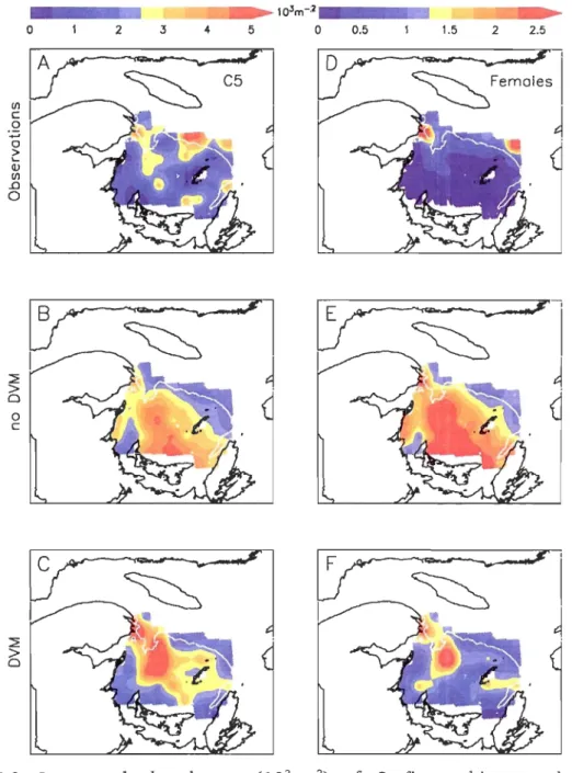 Figure  II-8.  Integrated  abundances  (10 3 . m ·2)  of  C.  finmarchicus  total  CS  (le  ft  column)  and  C6f  Cright  column)