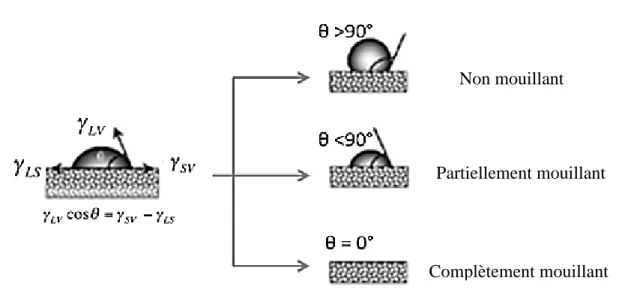 Figure 3. 10 : Angle de contact de brai sur un lit de coke [8]. 