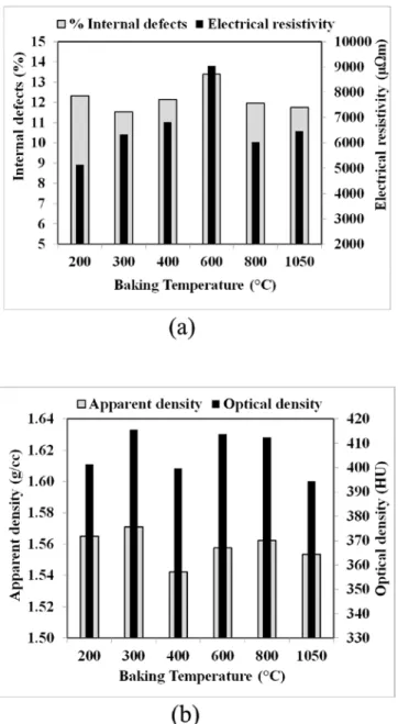 Fig. 4: Characterization of green anodes used during the experiments (a)  internal defects and electrical resistivity, (b) apparent and optical 