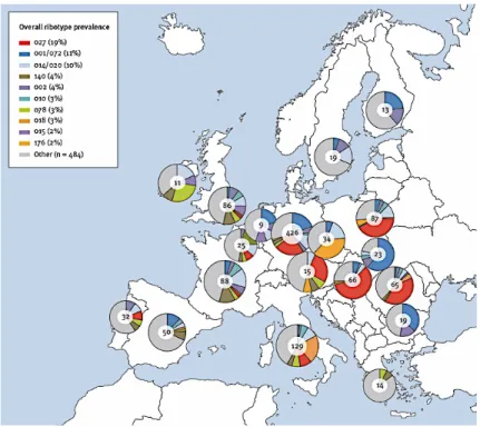 Figure 8 : Distribution géographique des PR de C. difficile par pays sur l’étude EUCLID en 2012 et 2013 (Davies  et al., 2016) EUCLID : European point-prevalence study of Clostridium difficile infection in hospitalised patients 