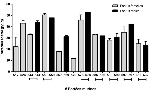 Figure 5C. Moyennes des niveaux d’estradiol fœtal chez les mâles et les femelles dans  chacune des portées murines au JG 17,5