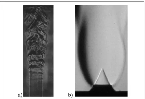 Figure 1.1 Schlieren imagery depicting the visible differences   between a) a typical turbulent flame and (b) a laminar flame  Taken from Eickhoff (1982) and Bouvet (2011) respectfully 