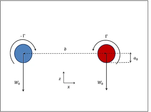 Figure 1.7 Système de deux tourbillons parallèles  contrarotatifs de circulations égales 