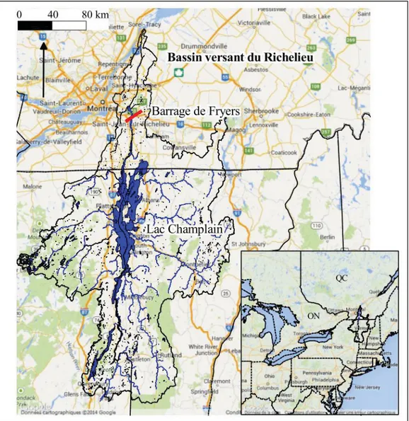 Figure 2.1 Situation géographique du bassin versant du Richelieu   Adaptée de Google (2014), USGS-NHD (2014) et GéoBase (2014) 