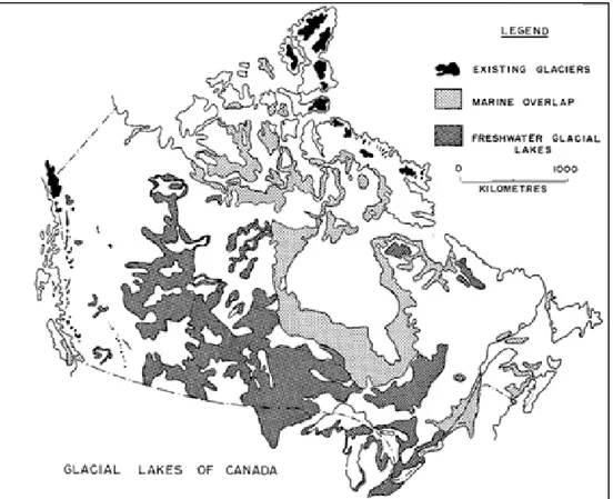 Figure 1.10 Distribution des lacs postglaciaires provenant   d'intrusion marine et de la fonte des glaciers au Canada 