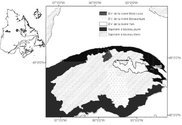 Figure 1. Localisation des trois bassins versants qui ont fait l'objet de l'analyse spatiale des forêts résiduelles