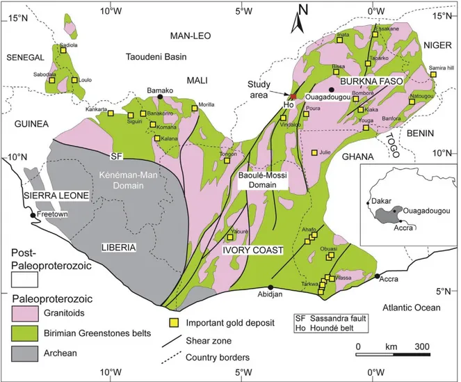 Figure 2.1 Geological map of the Leo-Man Craton showing the location of the study area  and the most important gold deposits across the WAC (Modiﬁed from Milési et al