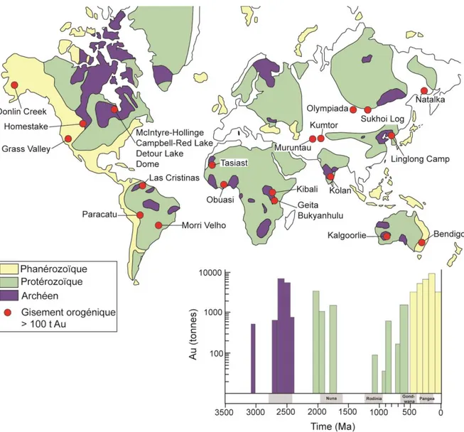 Figure 1.1 Distribution mondiale des terrains archéen, protérozoïque et phanérozoïque avec  la  distribution  des  24  plus  gros  gisements  ou  district  aurifères  orogéniques,  modifiées  de  Groves et al