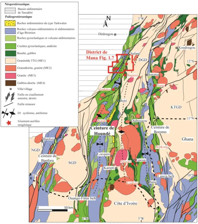 Figure 1.6 Carte géologique de la partie ouest du Burkina Faso, modifiée de Baratoux et al
