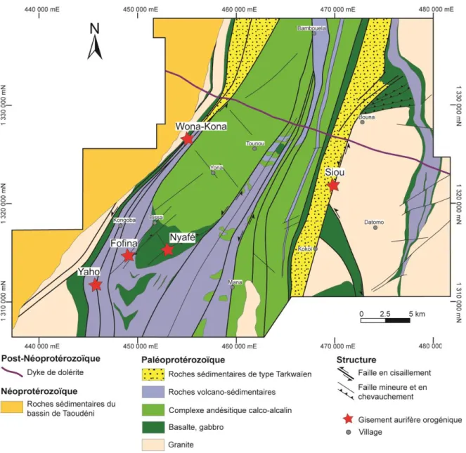 Figure 1.7 Carte géologique du district de Mana avec la répartition spatiale des 5 gisements  aurifères orogéniques, d'après SEMAFO Inc