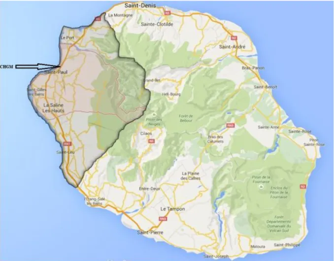 Figure  5 : Carte de la Réunion avec le territoire Ouest en foncé et la commune de Saint-Paul  délimitée par un trait rose (Source Google Map) 