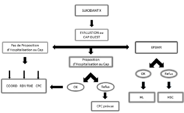 Figure  6 : Organisation de la prise en charge du suicidant au CAP OUEST                                            Légende :  COORD = remise de coordonnées, RDV FIXE = rendez-vous planifié au CMP,                      