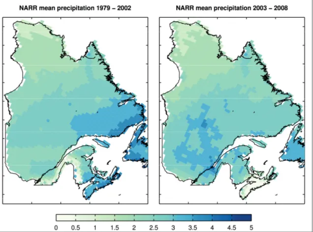 Figure 2.7 Mean precipitation of NARR (mm day -1 ) for the periods 1979-2002 (left) and  2003-2008 (right), over the province of Quebec 