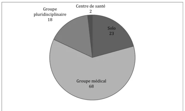 Figure 5 : Répartition en effectifs des modes d’exercices des MSU ayant participé à l’étude des infections  urinaires dans ECOGEN, France (n=111)