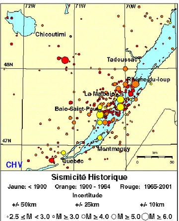 Figure  4 : Localisation  de l’épicentre  des principaux  séismes  dans la zone  sismique  de  Charlevoix-Kamouraska 