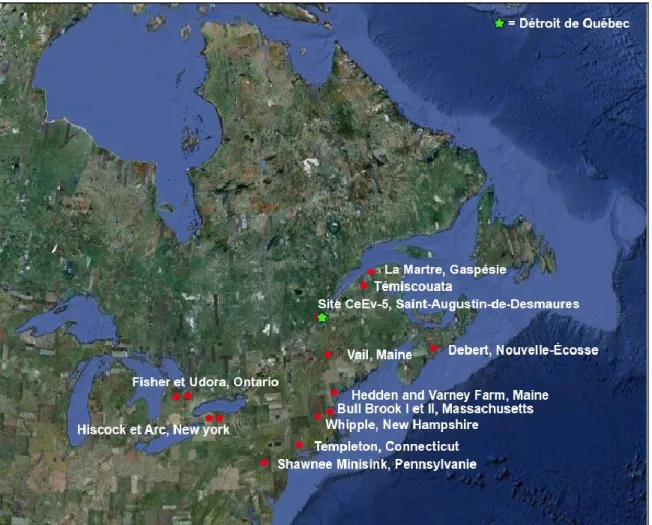 Figure 5: Sites archéologiques datés du Paléoindien et de l’Archaïque ancien, localisés dans  l’est de l’Amérique du Nord (source : modifiée à partir de Google Earth 2011 et ELLIS et  al, 1998 :152) 