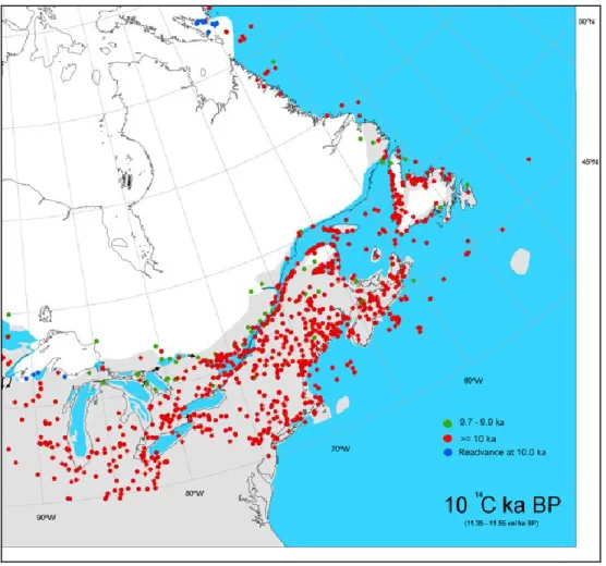 Figure 10: Localisation de l’Inlandsis laurentidien vers 10 000 ans AA  (source : modifiée à partir de DYKE et al., 2003) 