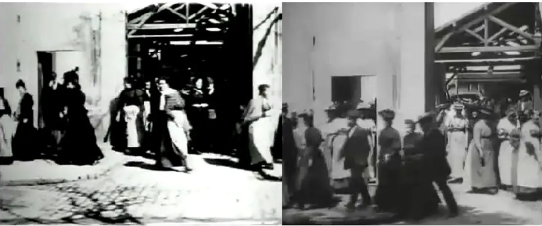 Fig. 2 et 3 : Les frères Lumière. À gauche, image tirée de la première version de La sortie des  usines Lumière  (1895) et à droite, image tirée de l’une des deux autres versions  de La sortie des  usines Lumière (1895)