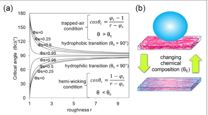 Figure 1.4 – Wetting in porous structures: (a) Critical contact angle as a function of  roughness and solid fraction; (b) typical switching mechanism in porous structures like  electrospun mats, from hydrophobic (Cassie-Baxter state) to complete absorption