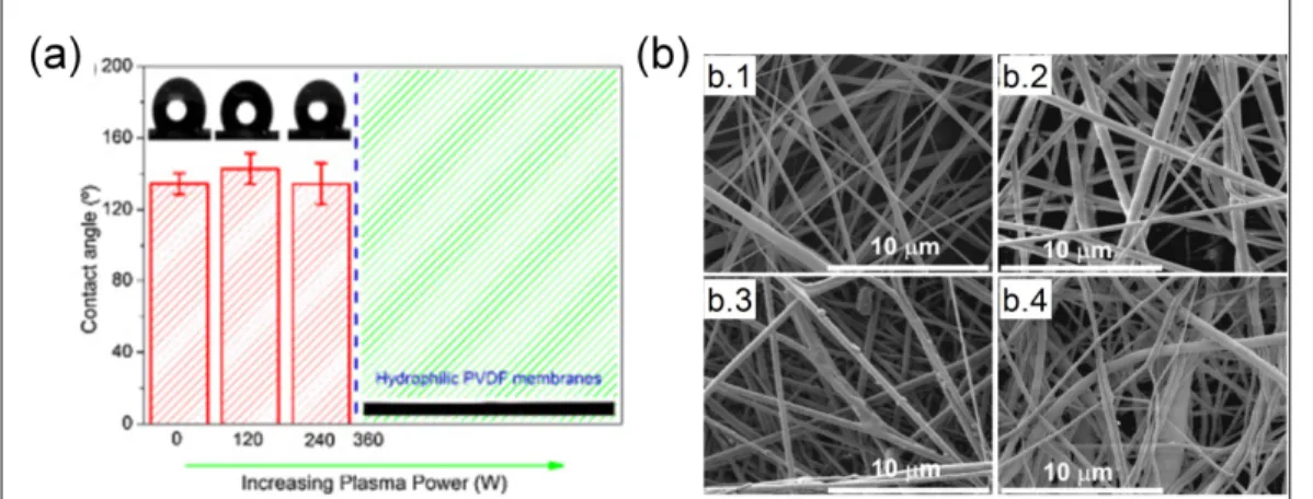 Figure 1.9 – PVDF electrospun mats treated by plasma and the (a) influence of  plasma power on the contact angle; (b) mat morphology as a function of applied  power: no treatment (b.1), 240 W (b.2), 360 W (b.3) and 480 W (b.4) (Correia et 