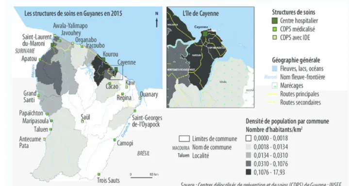 Figure 4: Densités de population et accès aux soins en Guyane (7)