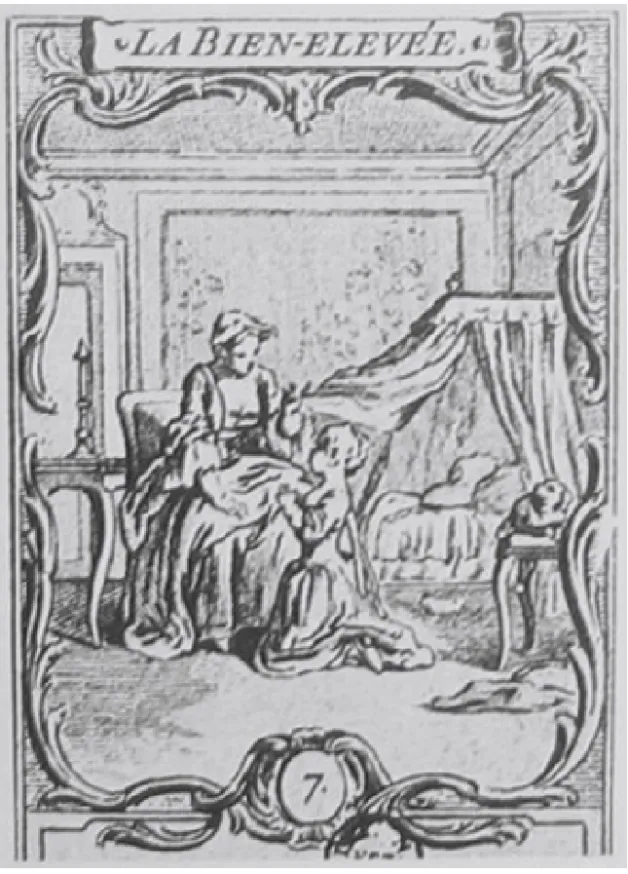Figure 2. — Hubert-François Gravelot, « La bien-élevée », n o 7, Almanach utile et agréable de la loterie de l'École Royale Militaire, pour l'année 1760, Paris, Prault et Le Clerc.