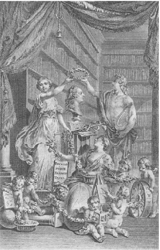 Figure 4. — Hubert-François Gravelot, frontispice du tome I, Petity, Encyclopédie élémentaire ou introduction à l'étude des lettres, des sciences et des arts