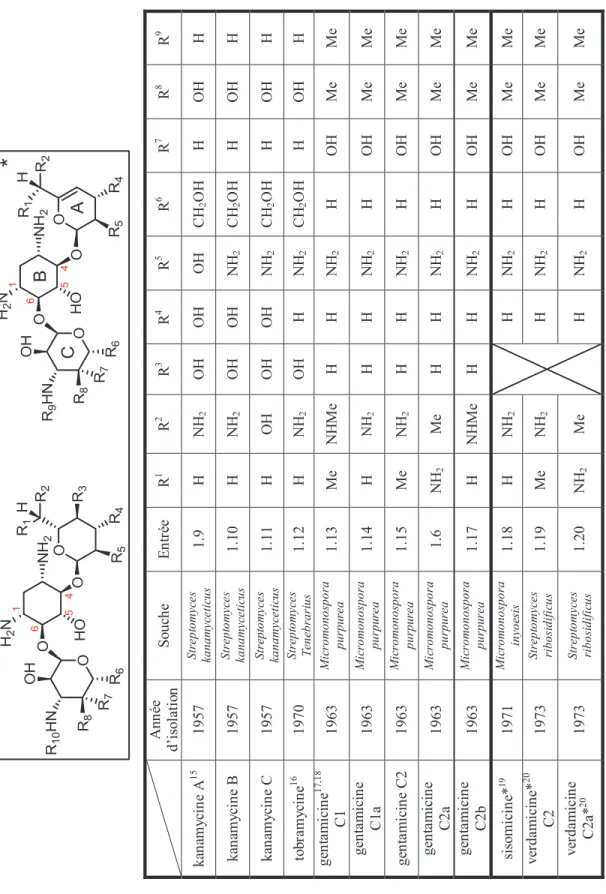 Tableau 2. Structure et origine des aminoglycosides naturels substitués de façon 4,6