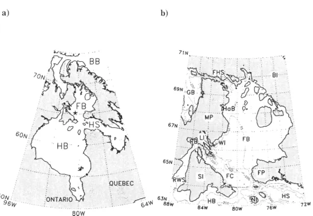 Fig . III.I.  Hudso n Bay  system  (a)  and  Foxe  Basin  (b).  The  iso baths  come from  ETOP02 