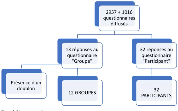 Figure 4. Diagramme de flux  2957 + 1016  questionnaires diffusés13 réponses au questionnaire &#34;Groupe&#34;12 GROUPESPrésence d'un doublon 32 réponses au questionnaire &#34;Participant&#34;PARTICIPANTS32 