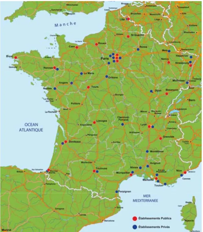 Figure 1 : Répartition des centres SOS main sur le territoire français [10] 